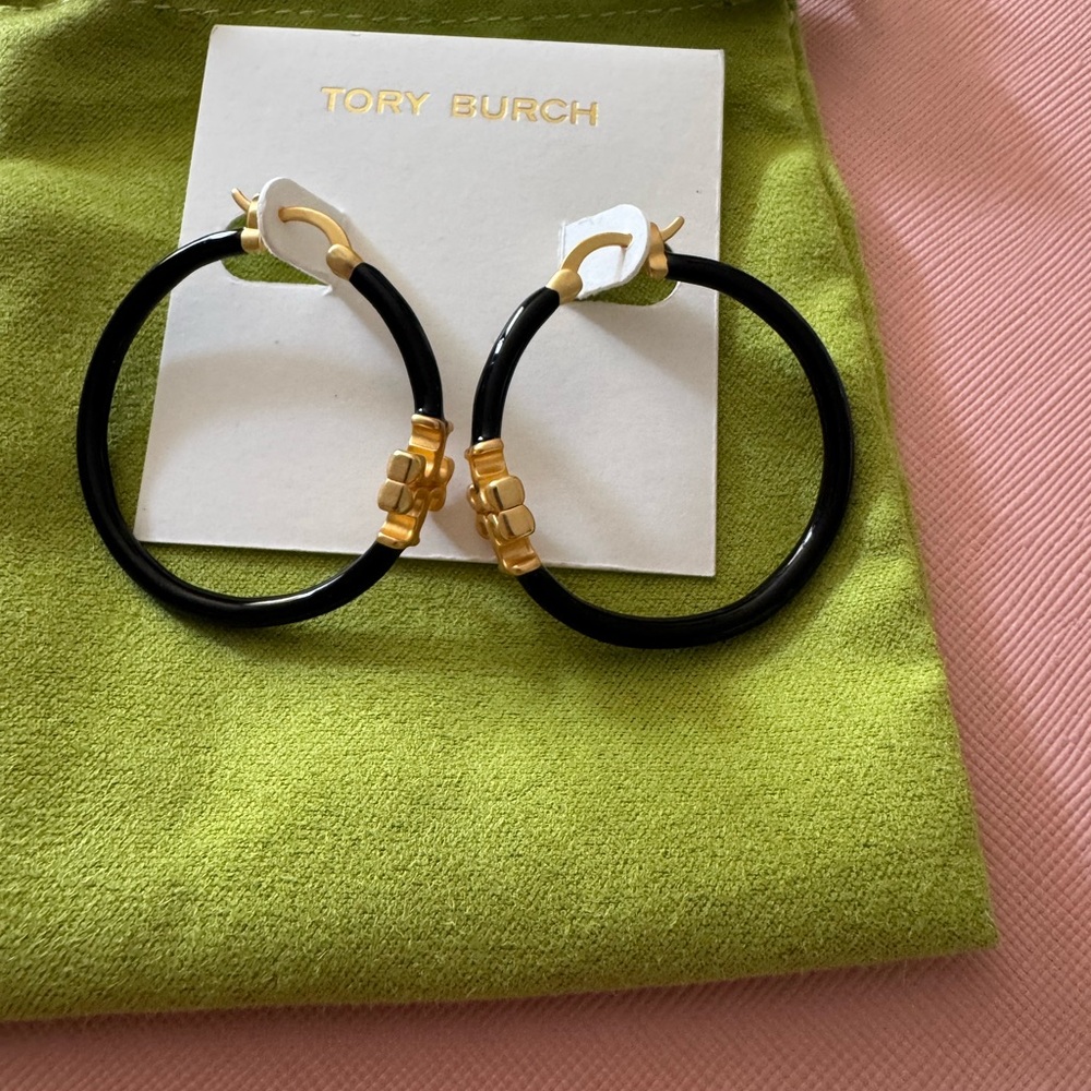 Tory Burch Black and Gold Statement Hoops